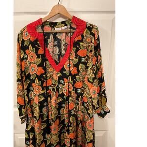Rhode Resort 100% Silk Orange Floral Red Trim V-neck Maxi Kaftan Dress, M